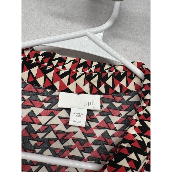 J Jill Shirt Dress 8 Petite Knee Length Red Black Button Up Roll Tab Career - Picture 2 of 5